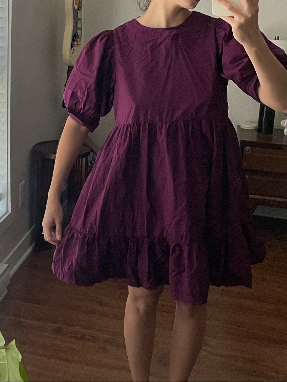 Nana the brand burgundy baby doll mini dress puff sleeve
